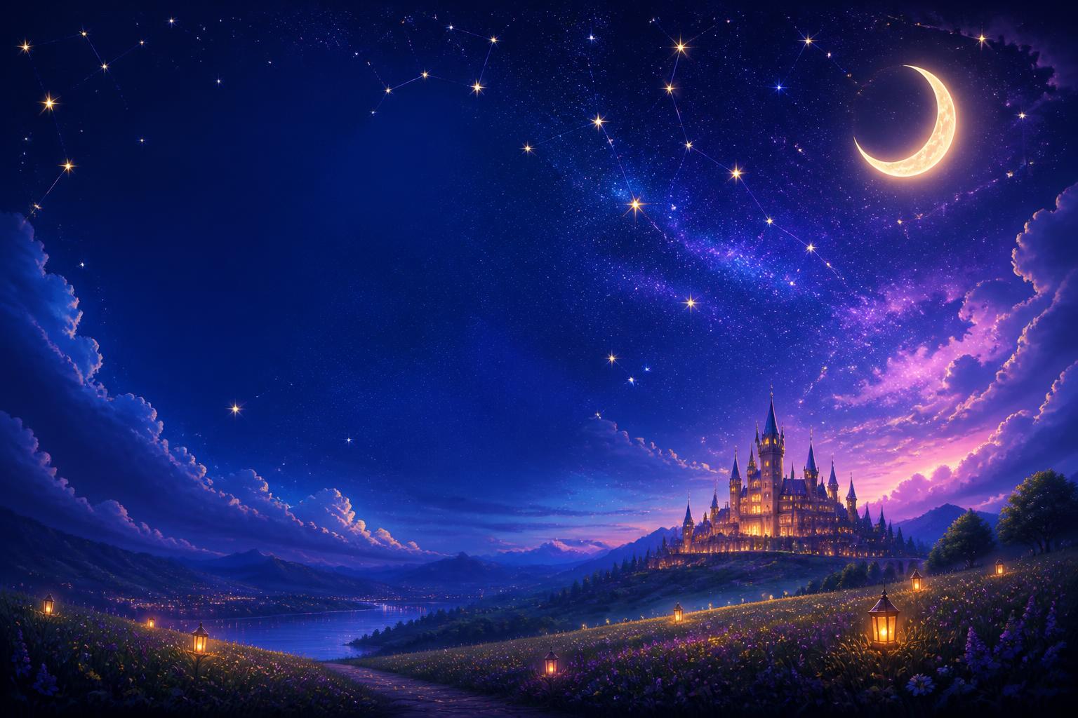 Moonlit fantasy landscape with a glowing castle and constellations